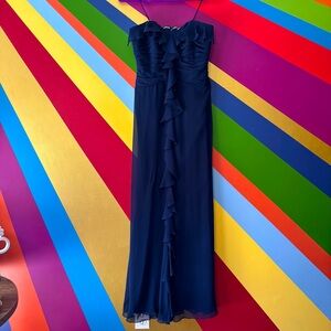 Badgley Mischka Navy Blue Ruffle Strapless Bodice Maxi Dress – Size 2